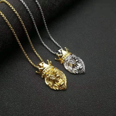 Hip Hop 316 Edelstahl Löwenkopf Anhänger Halskette Krone Strass Augen Gold Silber Plattiert Schmuck Für Herren Damen
