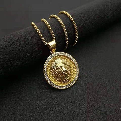 Collana Con Ciondolo Testa di Leone Hip Hop in Acciaio Inossidabile Con Strass Gioielli Placcati in Oro Sotto Vuoto Uomo Donna