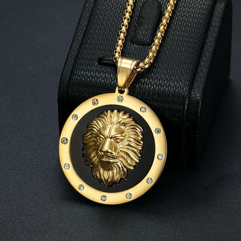 Collar con Colgante de Cabeza de León Hip Hop de Acero Inoxidable Galvanizado al Vacío Joyas de Animales para Hombre Mujer