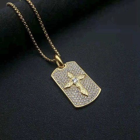 Collier Pendentif Croix Rectangulaire en Acier Inoxydable Plaqué Or sous Vide Hip Hop Bijoux Strass pour Hommes Femmes