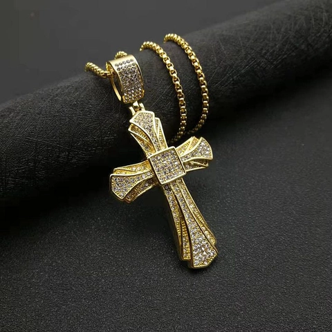 Collana con Pendente a Croce in Acciaio Inossidabile Hip Hop per Uomo Donna Placcata Oro Argento Strass Gioielli Religiosi Regalo
