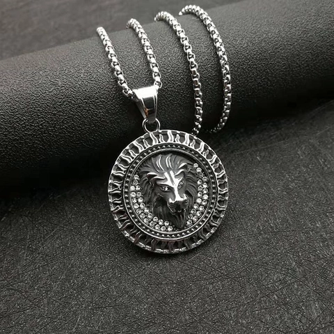 Hip Hop 316 Edelstahl Löwenkopf Anhänger Halskette Für Herren Punk Flammenmuster Strass Polierter Schmuck Silber