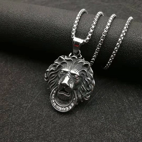 Collier Pendentif Tête de Lion en Acier Inoxydable Hip Hop pour Hommes Argent Poli Strass Animal Style Punk Bijoux Cadeau