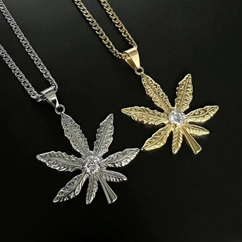 Collana con Pendente a Foglia in Acciaio al Titanio Hiphop Con Zirconia per Uomo Donna Placcato Oro Argento Gioielli Streetwear