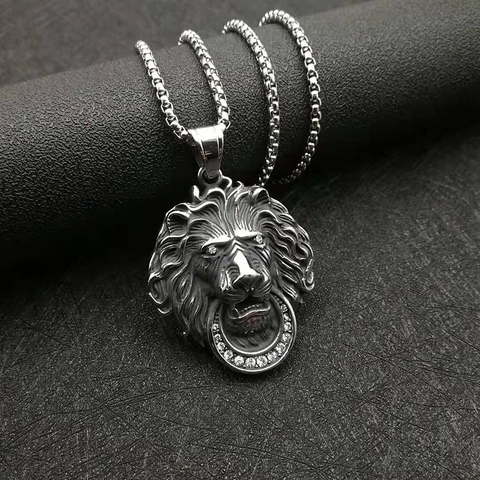 Collier Pendentif Tête de Lion en Acier Inoxydable Hip Hop pour Hommes Argent Poli Strass Animal Style Punk Bijoux Cadeau