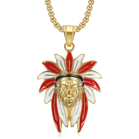 Collar de Colgante de Jefe Indio Hip Hop Acero de Titanio Galvanizado Esmalte Colgante de Cabeza Nativa Americana Hombre Mujer Joyería