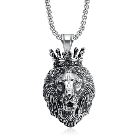 Collana con Ciondolo Testa di Leone Corona in Acciaio al Titanio Hip Hop Punk Placcato Oro Gioielli Leone Re Uomo