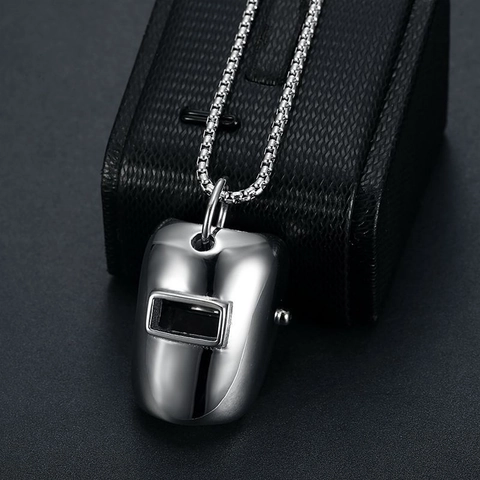 Collana con Ciondolo Maschera da Saldatore in Acciaio al Titanio per Uomo Donna Hip Hop Stile Industriale Argento Lucido Gioielli