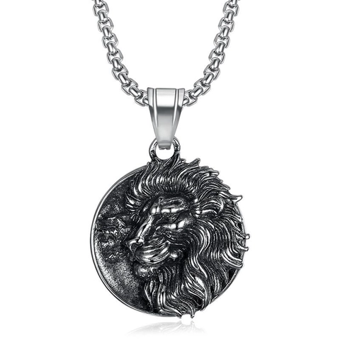 Vintage Titanium Steel Lion Head Pendant Necklace For Men Nordic Viking Punk Street Style Relief Jewelry Accessory