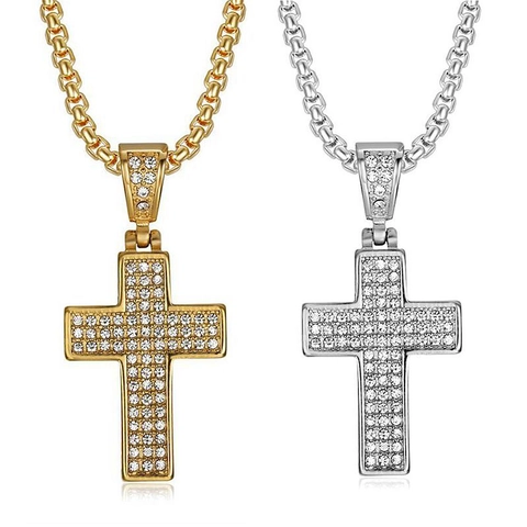 Hip Hop Titanium Staal Kruis Hanger Ketting Vacuüm Plating Pave Strass Individuele Kruis Ketting Voor Mannen Vrouwen Feest Sieraden