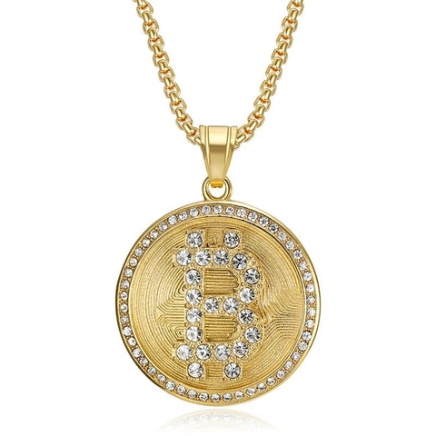 Collar de Colgante de Bitcoin Hip Hop Acero de Titanio Redondo Strass Cadena Box Color Oro Plata Joyería Punk para Hombres Mujeres