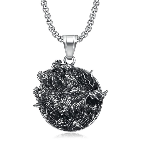 Men's Vintage Titanium Steel Wild Boar Head Pendant Necklace Retro Viking Animal Relief Punk Street Style Jewelry Necklaces