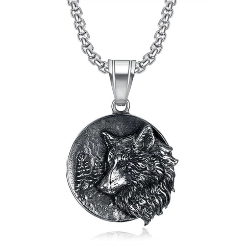 Retro Titanium Steel Viking Wolf Head Pendant Necklace Men Punk Nordic Odin Relief Jewelry Antique Silver Round Medallion