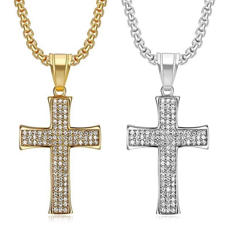 Ciondolo Croce in Acciaio Inossidabile con Strass Hiphop Placcato Oro Argento Gioielli Religiosi per Uomo Donna