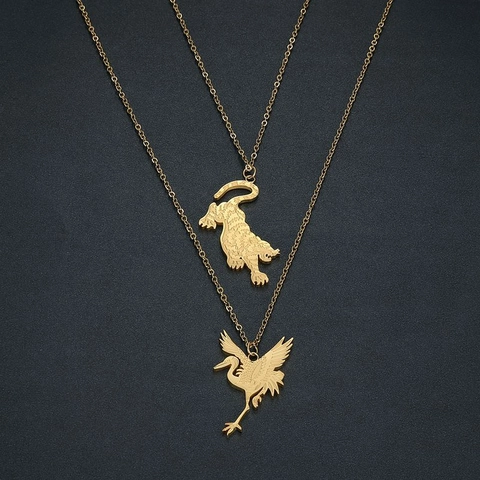 Collana con Pendente Tigre e Gru in Acciaio Inossidabile Gioielli con Catena a Doppio Strato Animale Vintage per Uomo Donna