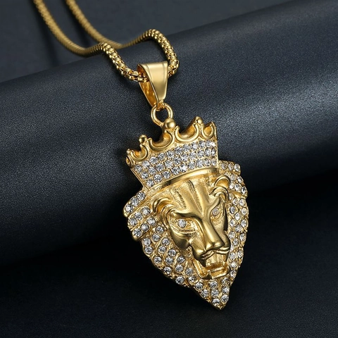 Collana con Ciondolo Testa di Leone Corona Hip Hop in Acciaio Inossidabile Strass Iced Out Oro Argento Gioielli Uomo Donna