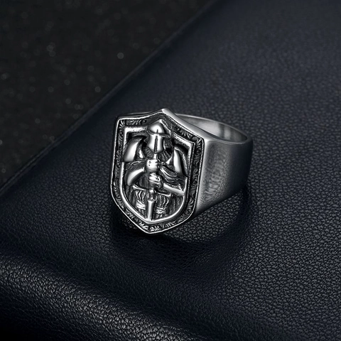 Retro Knights Templar Shield Signet Ring Men's Vintage Titanium Steel Warrior Relief Medieval Punk Finger Jewelry Ring