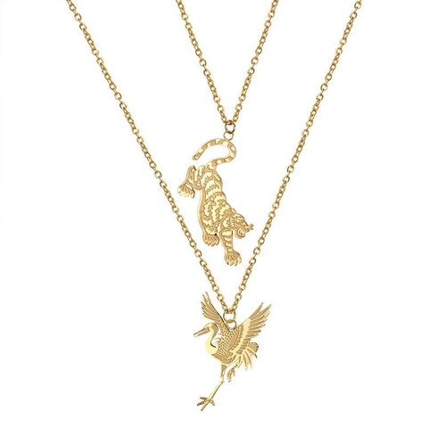 Collana con Pendente Tigre e Gru in Acciaio Inossidabile Gioielli con Catena a Doppio Strato Animale Vintage per Uomo Donna