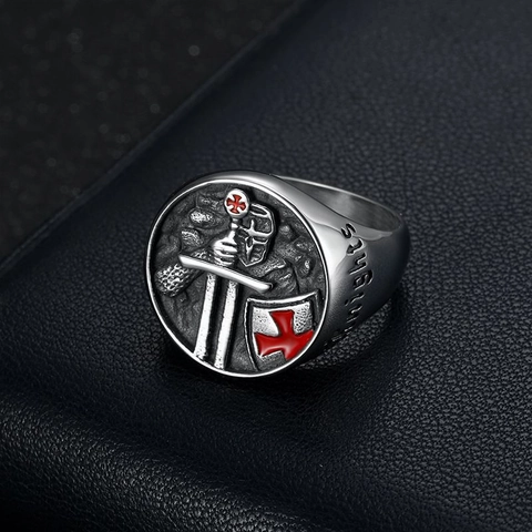 Anello con Sigillo Cavaliere Templare Croce Rossa Scudo Acciaio al Titanio Retrò Gotico Guerriero Gioielli Per Uomo Regalo