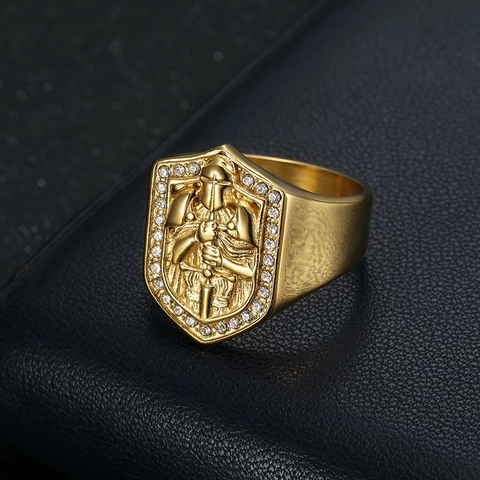Hip Hop Heren Ridder Tempelier Schild Ring Verguld Titanium Staal Strass Ingelegde Retro Zegelring Sieraden