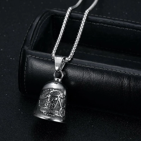 Retro Titanium Steel Motorcycle Bell Pendant Necklace Punk Skull Rider Guardian Bell For Men Biker Jewelry No Fade