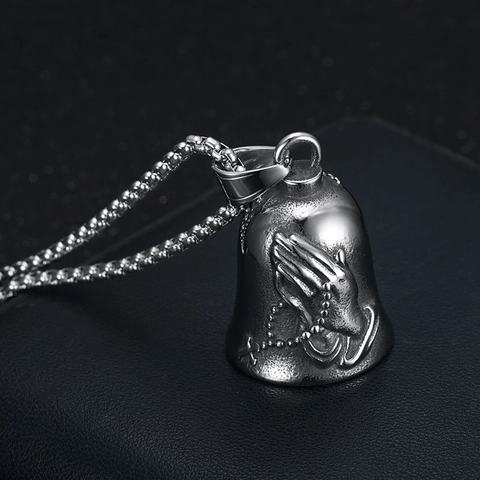 Vintage Stainless Steel Bell Pendant Necklace For Men Women Praying Hands Cross Engraved Punk Biker Lucky Jewelry Gift