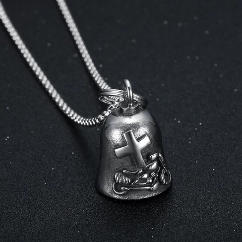 Vintage Titanium Steel Guardian Bell Pendant Necklace Men Biker Punk Cross Motorcycle Lucky Bell Jewelry Gift For Rider