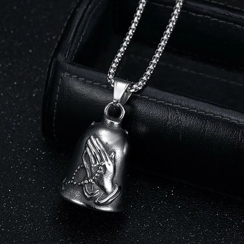 Vintage Stainless Steel Bell Pendant Necklace For Men Women Praying Hands Cross Engraved Punk Biker Lucky Jewelry Gift