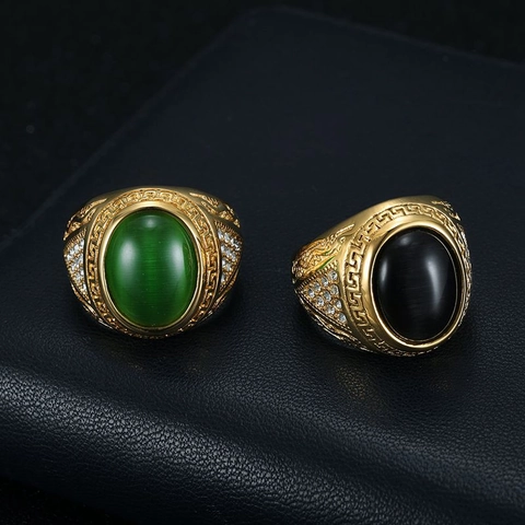 Hip Hop Herren Titanstahl Ring Vergoldet Retro Katzenaugenstein Ring Mit Strass Griechisches Muster Schmuck Bandring