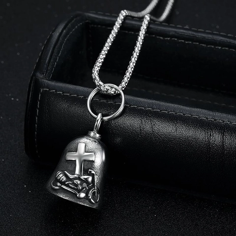 Vintage Titanium Steel Guardian Bell Pendant Necklace Men Biker Punk Cross Motorcycle Lucky Bell Jewelry Gift For Rider