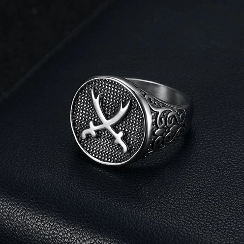 Vintage Punk Titanium Staal Dubbel Zwaard Ring Voor Heren Retro Gepolijst Roestvrij Staal Midden-Oosten Stijl Sieraden
