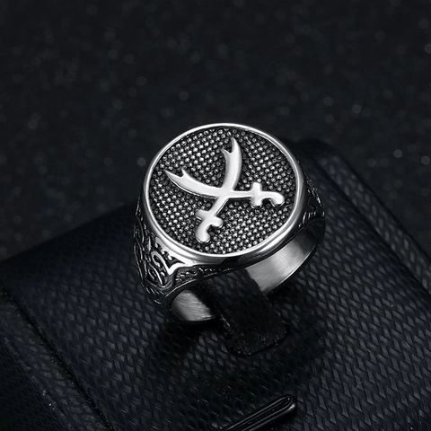 Vintage Punk Titanium Staal Dubbel Zwaard Ring Voor Heren Retro Gepolijst Roestvrij Staal Midden-Oosten Stijl Sieraden