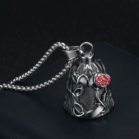 Vintage Titanium Steel Rose Bell Pendant Necklace Gothic Biker Jewelry Distressed Polished Flower Bell Charm Necklace
