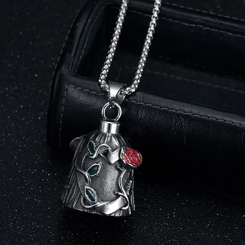 Vintage Titanium Steel Rose Bell Pendant Necklace Gothic Biker Jewelry Distressed Polished Flower Bell Charm Necklace