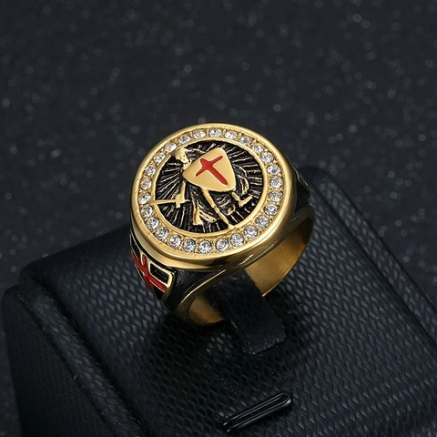 Retro Medieval Knights Templar Cross Shield Signet Ring For Men Gold Plated Titanium Steel Rhinestone Hiphop Punk Jewelry