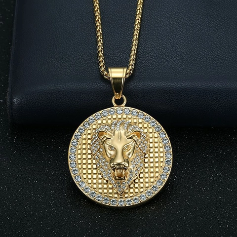 Hip Hop Lion Head Pendant Necklace Stainless Steel Rhinestone Animal Jewelry Gold Silver Color Streetwear Jewelry For Men Women