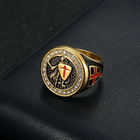 Retro Medieval Knights Templar Cross Shield Signet Ring For Men Gold Plated Titanium Steel Rhinestone Hiphop Punk Jewelry