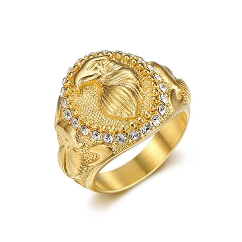 Hip Hop Men Eagle Ring Gold Two Tone Titanium Steel Rhinestone Animal Biker Ring Punk Rock Statement Jewelry For Men Gift