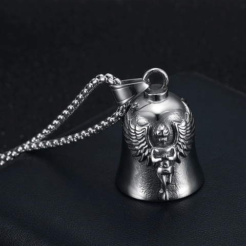 Punk Vintage Stainless Steel Angel Wing Bell Pendant Necklace Biker Guardian Angel Relief Bell Charm Jewelry Gift