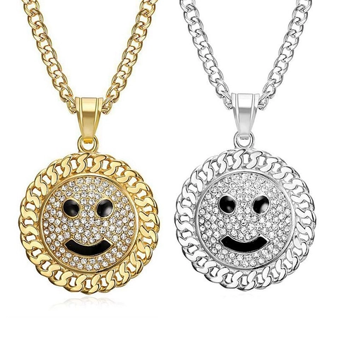 Hip Hop Titanium Steel Gold Plated Rhinestone Enamel Smiley Face Sunflower Pendant Necklace Icy Bling Rap Fashion Jewelry