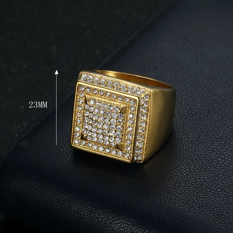 Anello a Sigillo Hip Hop da Uomo in Acciaio al Titanio Placcato Oro con Pavé di Strass Geometrico Regalo Gioielli