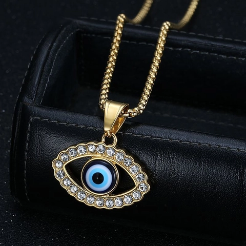 Hip-Hop Stainless Steel Turkish Evil Eye Pendant Necklace For Men Women Gold Plated Rhinestone Inlaid Box Chain Necklace