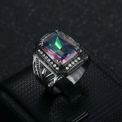 Men Retro Punk Titanium Steel Ring With Rectangle Iridescent Rhinestone Polished Gothic Biker Finger Ring Jewelry Gift