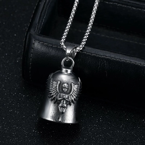 Punk Vintage Stainless Steel Angel Wing Bell Pendant Necklace Biker Guardian Angel Relief Bell Charm Jewelry Gift