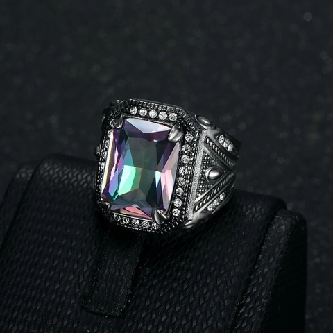 Men Retro Punk Titanium Steel Ring With Rectangle Iridescent Rhinestone Polished Gothic Biker Finger Ring Jewelry Gift