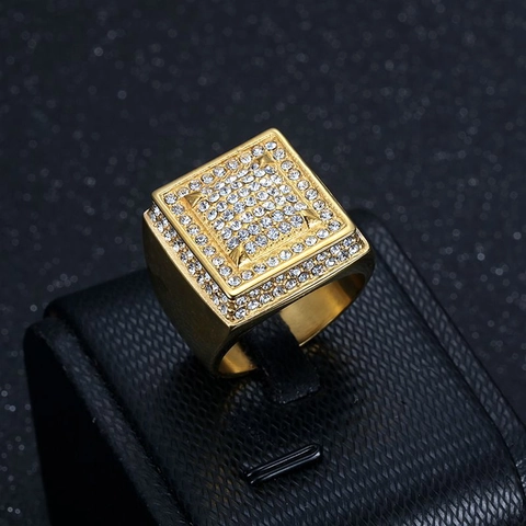 Anello a Sigillo Hip Hop da Uomo in Acciaio al Titanio Placcato Oro con Pavé di Strass Geometrico Regalo Gioielli