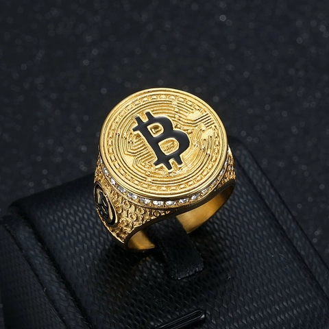 Anillo de Acero de Titanio con Logotipo de Bitcoin Hiphop Chapado en Oro con Strass Incrustado Anillo de Sello para Hombre Joyería Punk