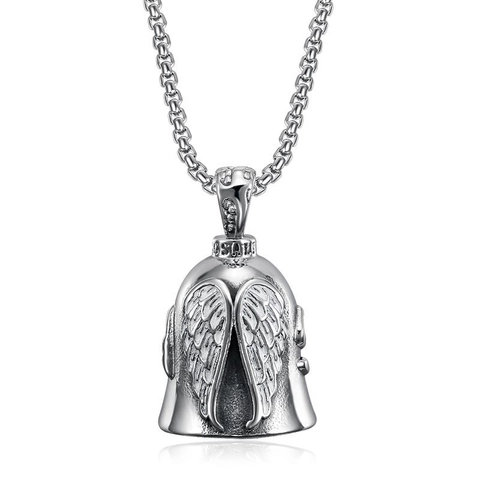 Retro Stainless Steel Angel Wings Bell Pendant Necklace For Men Women Polished Vintage Motorcycle Style Guardian Bell Jewelry