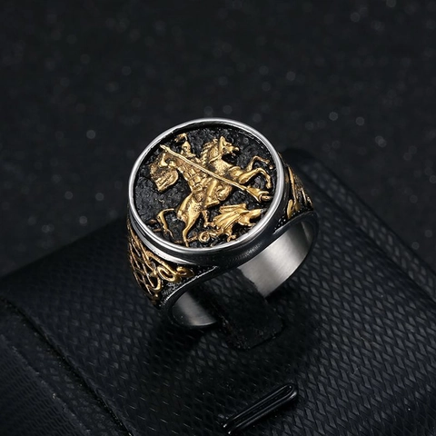 Vintage Sint Joris die de Draak Verslaat Ridder Zegelring Heren Titaniumstaal Keltische Knoop Goud Zilver Tweekleurig Sieraden