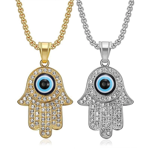 Hiphop Stainless Steel Gold Plated Hamsa Hand Pendant Necklace Evil Eye Rhinestone Inlaid Bohemian Style Jewelry Men Women